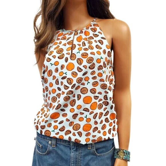 EUC Banana Republic Orange Fruit Print Halter Blue Top - Picture 1 of 4